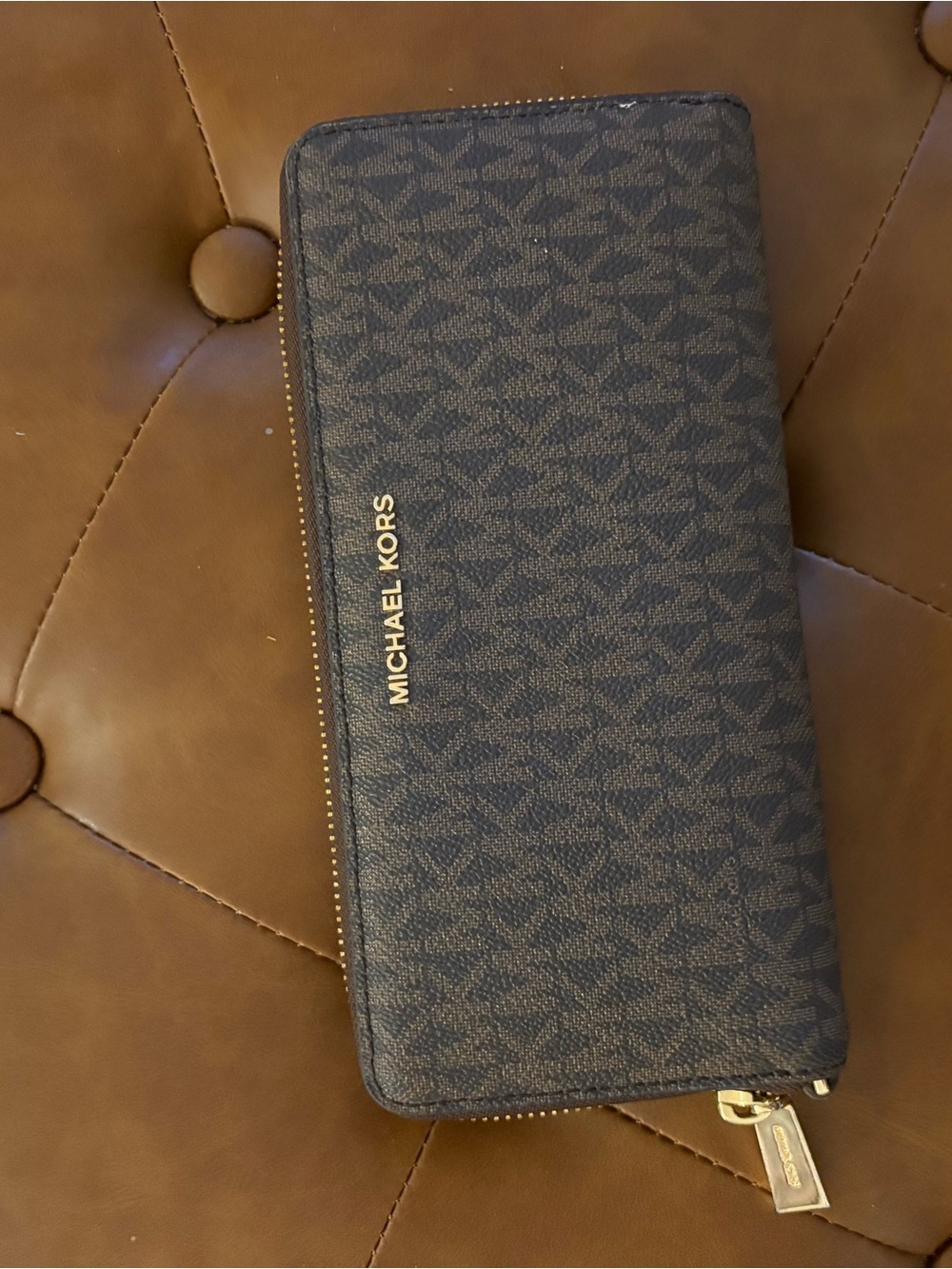 Michael Kors Navy Monogram Zip-Around Wallet with Gold Logo